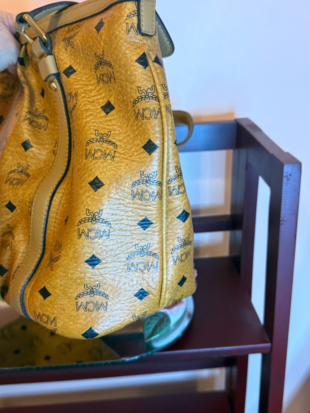 MCM Visetos Mustard Logo Canvas Tote with Leather Trim - Picture 4 of 9